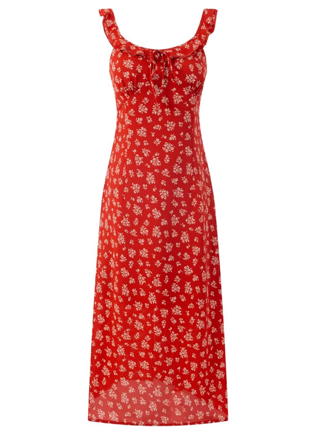 2025 Summer New Red Floral French Style Small Flying Sleeve Seaside Holiday Dress R0929