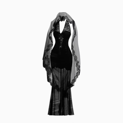 Christmas Black V-neck Lace Dress 2025 Mesh Hip Fishtail Skirt R1024