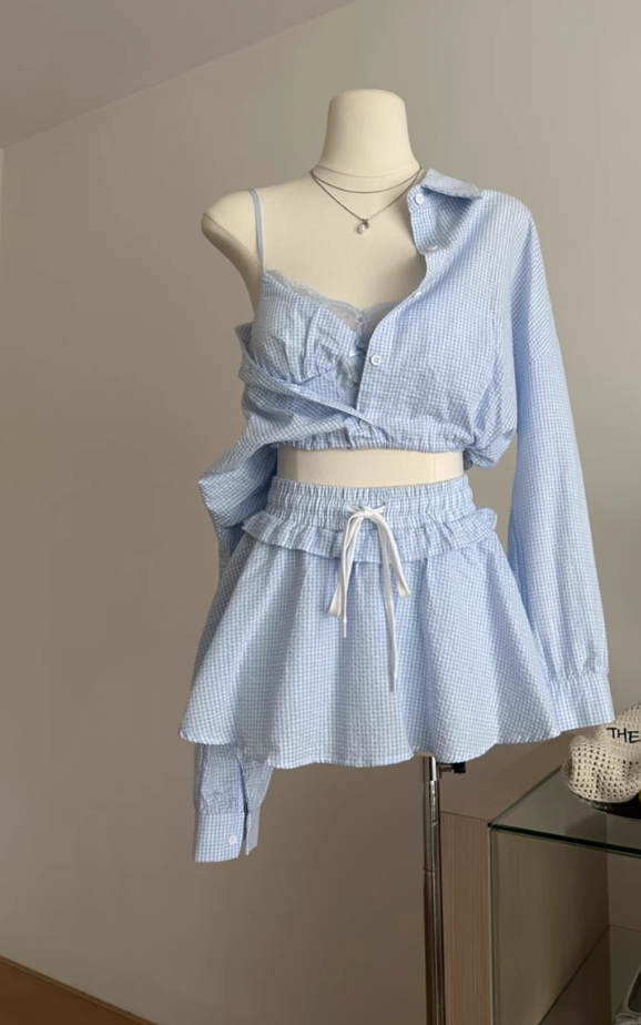 Plaid shirt jacket lace camisole top a-line skirt pants suit R2011