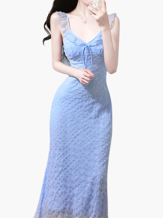 2025 Summer New Blue Mermaid Princess French Flying Sleeve Plaid Long Dress R0957