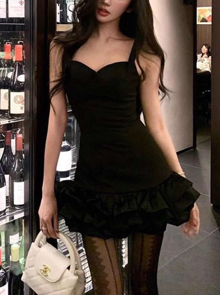 French hottie slim suspender dress 2025 holiday style fluffy little black dress R1073