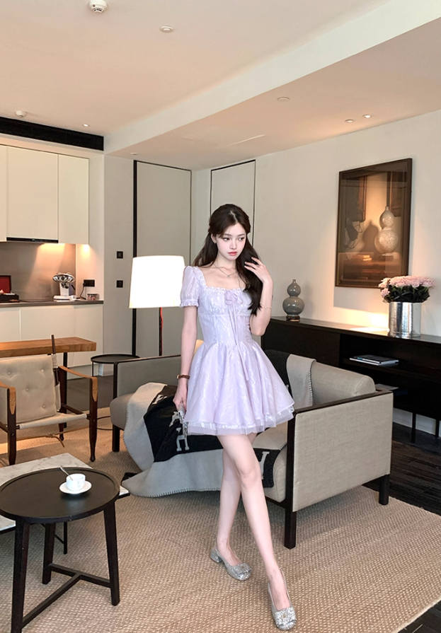 Square collar short sleeve waist A-line dress summer French retro style skirt R4585