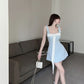 Light blue suspenders waist slimming A-line short skirt homecoming dress R3373