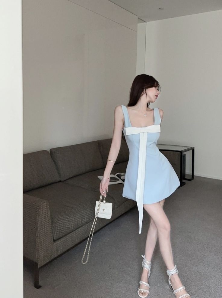 Light blue suspenders waist slimming A-line short skirt homecoming dress R3373