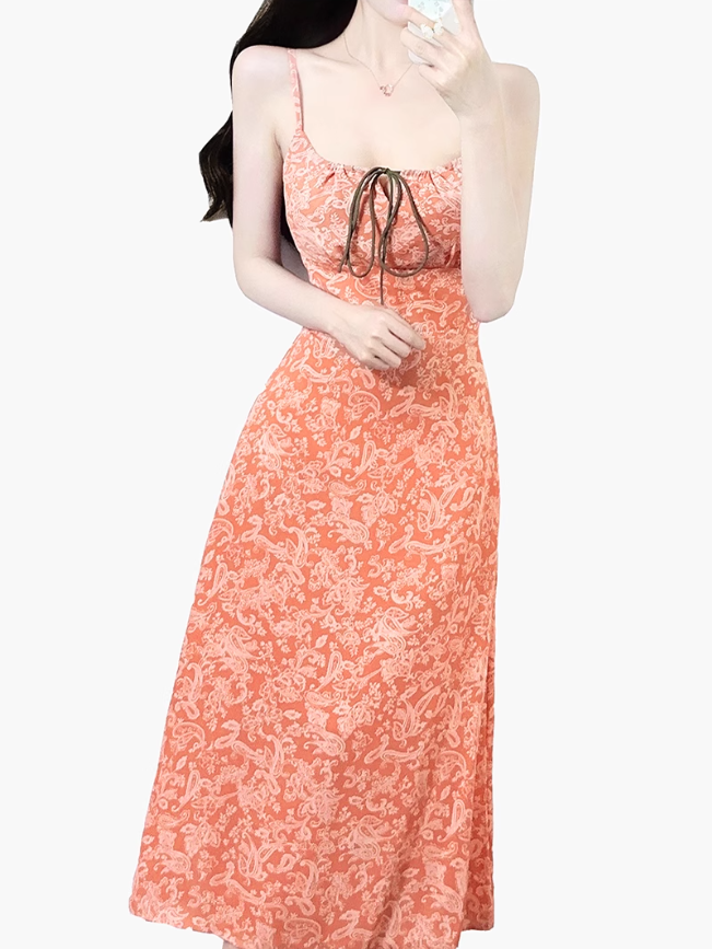 2025 Summer New Retro Cashew Printed Backless French Long Suspender Dress R0967