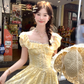 Yellow square neck puff sleeve cake dress summer Korean style age-reducing sweet petite skirt R4665