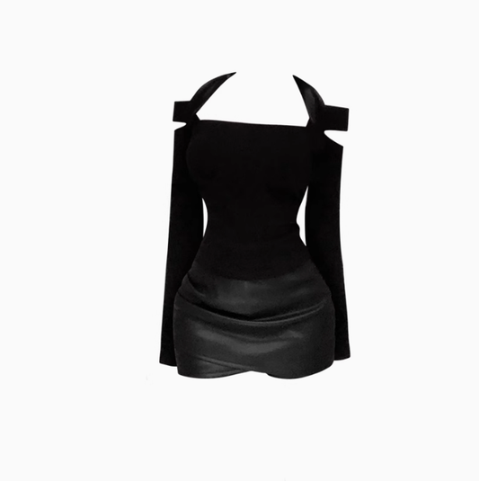 Pure desire style long sleeve halter neck off-shoulder top 2025 large size hip suit R1414