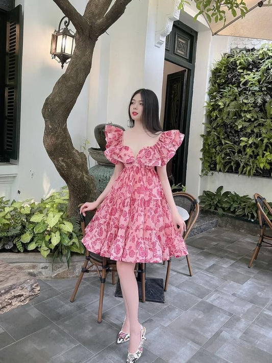 Pink floral lotus leaf neckline waist slim cake skirt short skirt homecoming dress R3809