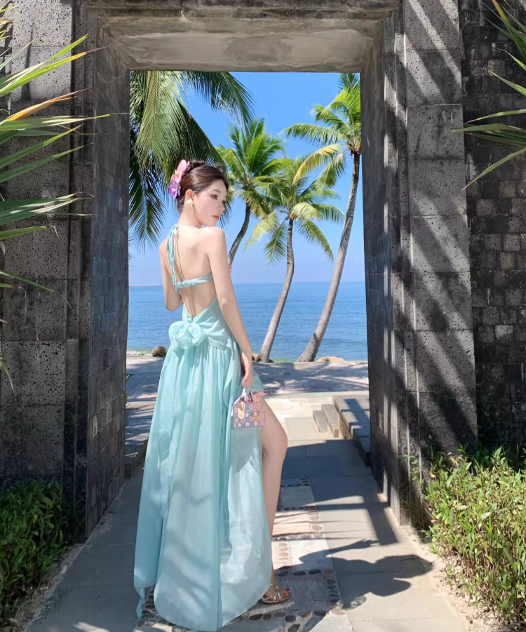 Travel wear fairy air backless dress seaside vacation dopamine green fairy long skirt R1594