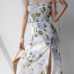 French retro leaf floral suspender skirt slim waist side slit dress long skirt R2820