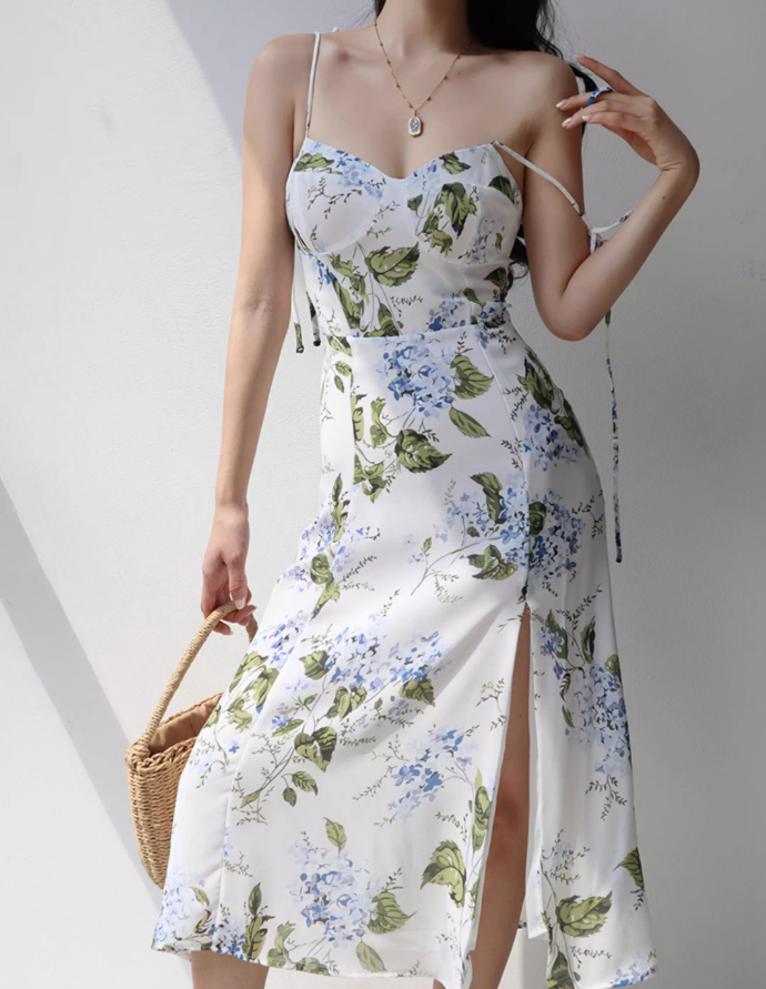 French retro leaf floral suspender skirt slim waist side slit dress long skirt R2820