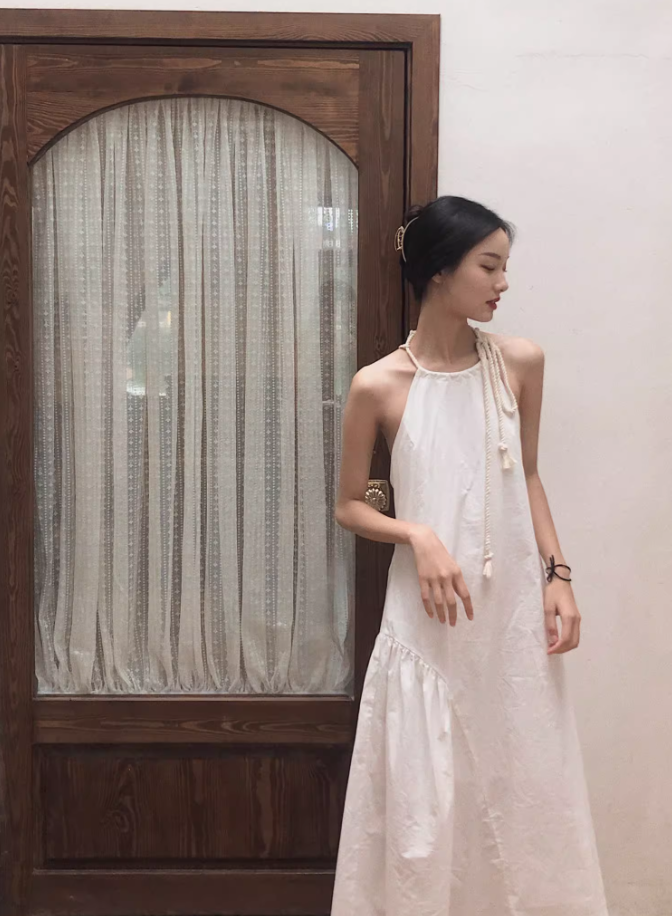 French backless white dress design niche slim sexy seaside holiday beach dress R1602