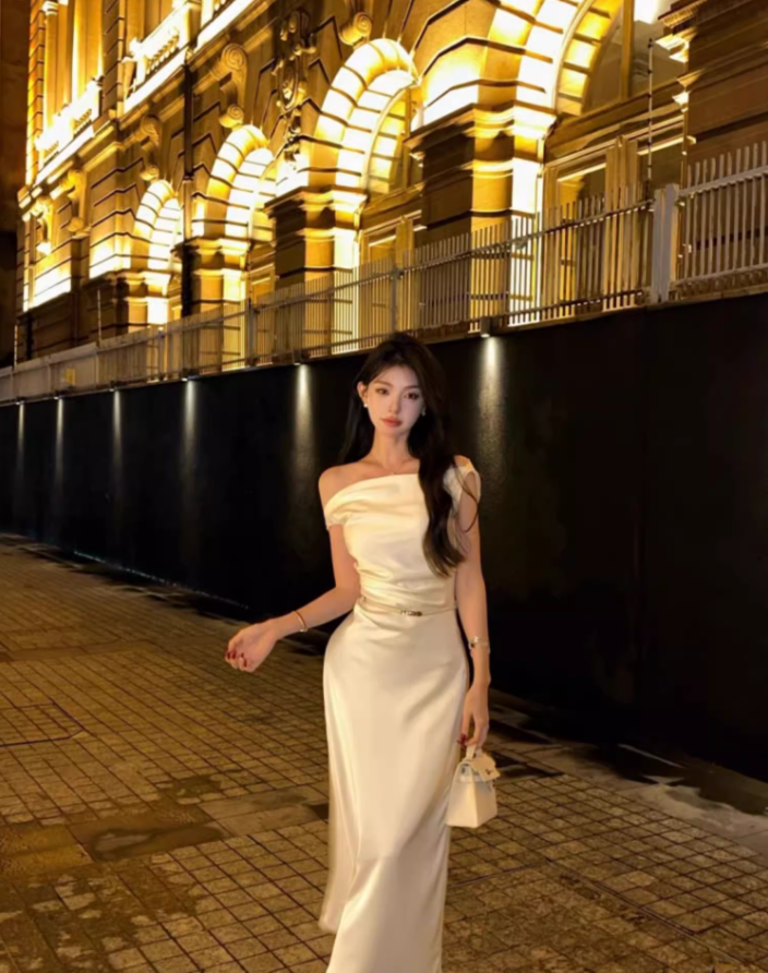 French style swing collar off-shoulder dress 2025 temperament satin fishtail high-end skirt R1479