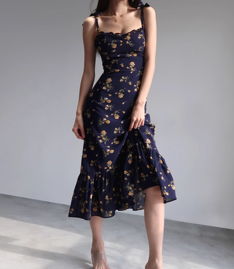 French Slim Sexy Ruffle Edge Floral Dress A-Line Waist Suspender Long Dress R2813