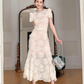 Creamy white gentle diamond collar sweet three-dimensional flower exquisite lace long skirt R4073