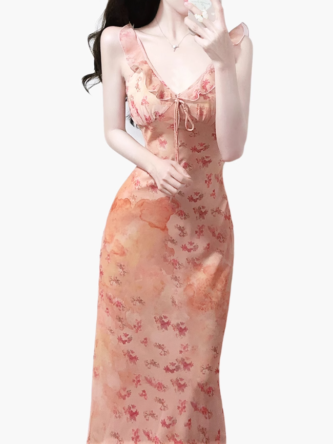 2025 summer new pink floral gentle style small flying sleeve waist lace dress R0954