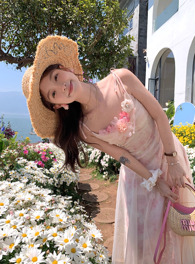 Pink long atmospheric mesh halter dress for women, a summer French retro slimming dress R4788