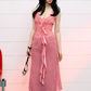 Red plaid waisted halter neck dress summer V-neck ribbon French temperament long dress R3324