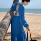 Seaside travel long skirt hollow waist slim embroidery backless long sleeves big swing dress R0186