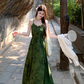 Dark green jacquard dress retro Chinese style suspender long skirt plus cardigan two-piece set R1736