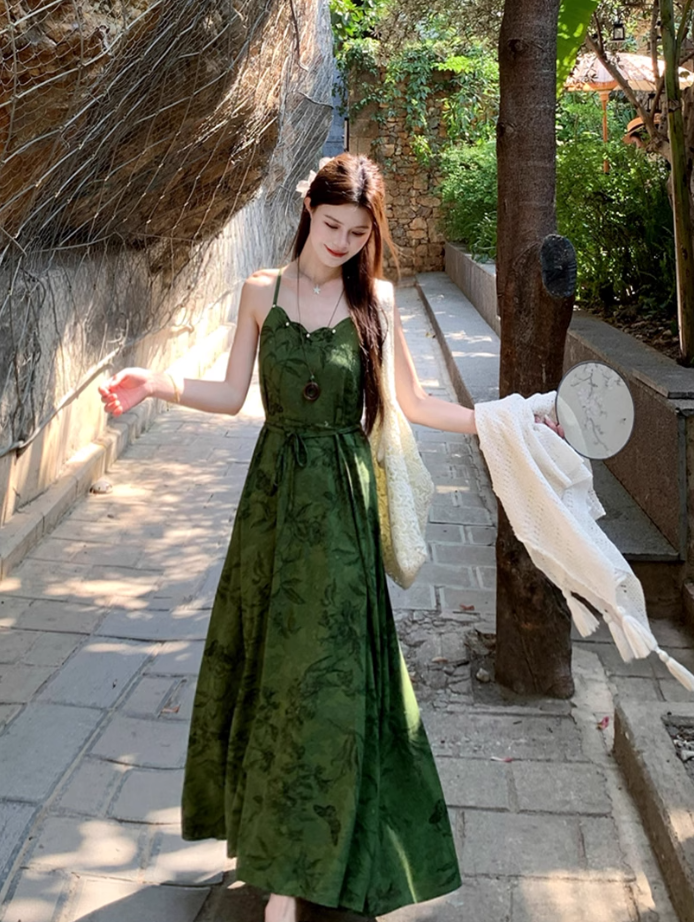 Dark green jacquard dress retro Chinese style suspender long skirt plus cardigan two-piece set R1736