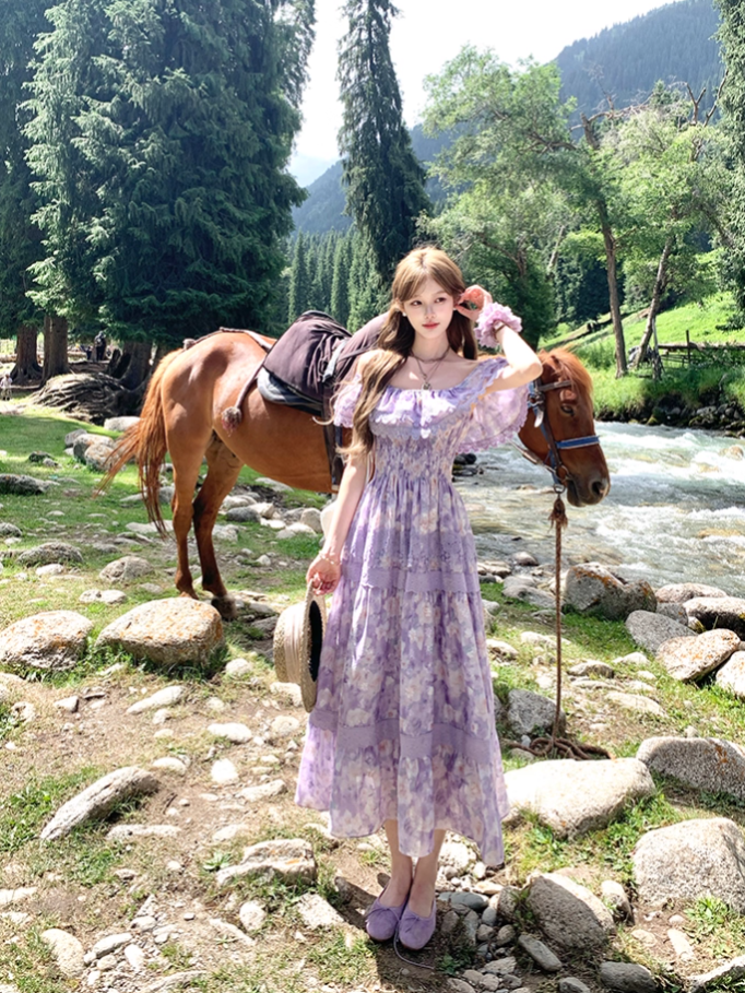 Purple long printed waist dress for women summer French retro temperament high-end skirt R4581