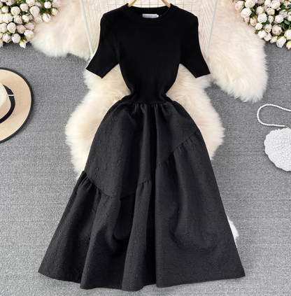 New round neck knitted waist slimming A-line jacquard dress elegant temperament long skirt R0362