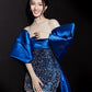 Dark blue satin dress sequins exquisite waist slimming hip sexy short skirt homecoming dress R3702