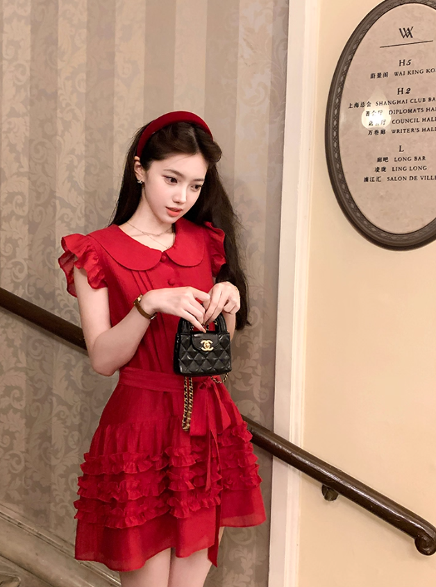 Red doll collar Tencel small flying sleeve dress summer French temperament slim skirt R4783
