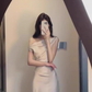 French style high-end sway collar off-shoulder dress waist-hugging hip acetate satin banquet dress R0426