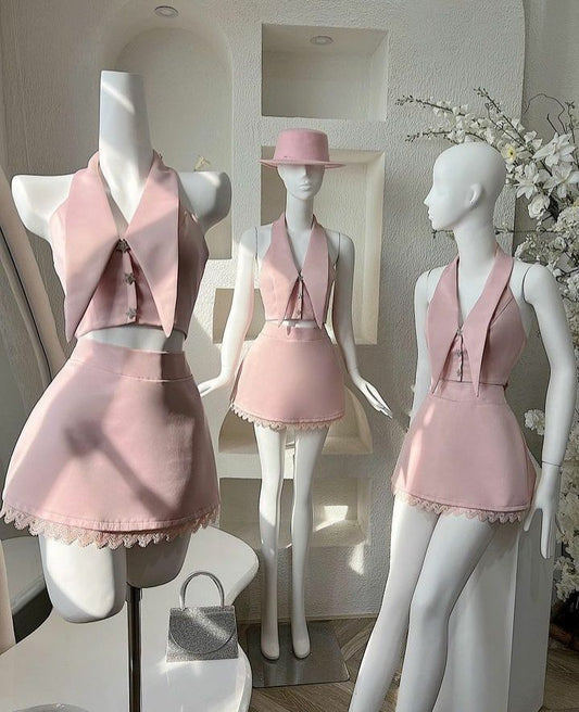 Pink halter neck bow back sexy cute skirt homecoming dress R2564