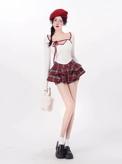 Sweet and spicy short contrast knitted top 2025 large size Christmas plaid skirt suit R1350