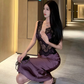 Sexy satin lace deep V-neck dress French sexy evening dress high-end R1619