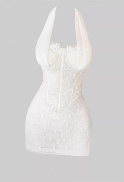 French lace splicing mesh halter dress 2025 waist hip evening dress R1286