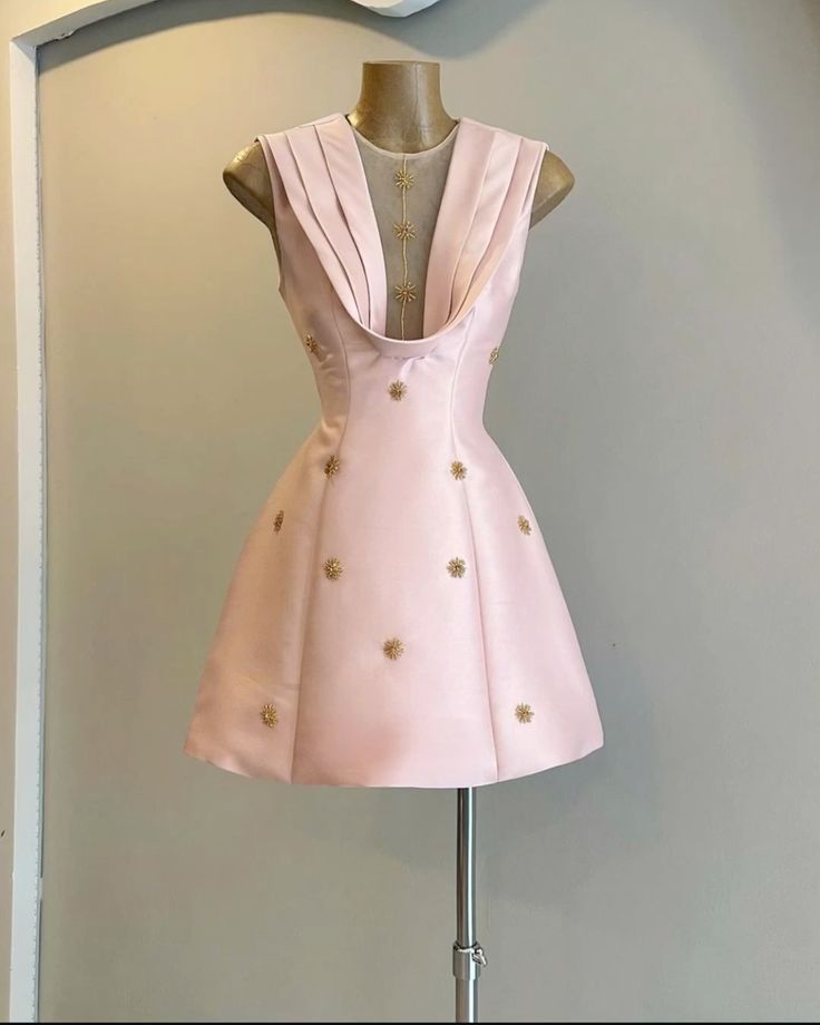 Pink deep V neckline design waist slimming A-line short skirt homecoming dress R3935