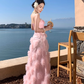 Pink flower suspender dress gentle temperament beautiful dress R0800