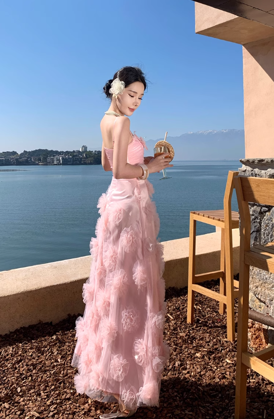 Pink flower suspender dress gentle temperament beautiful dress R0800