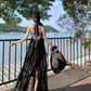 Black sexy tube top long skirt elegant and fairy irregular hem halter neck backless beach dress R1618