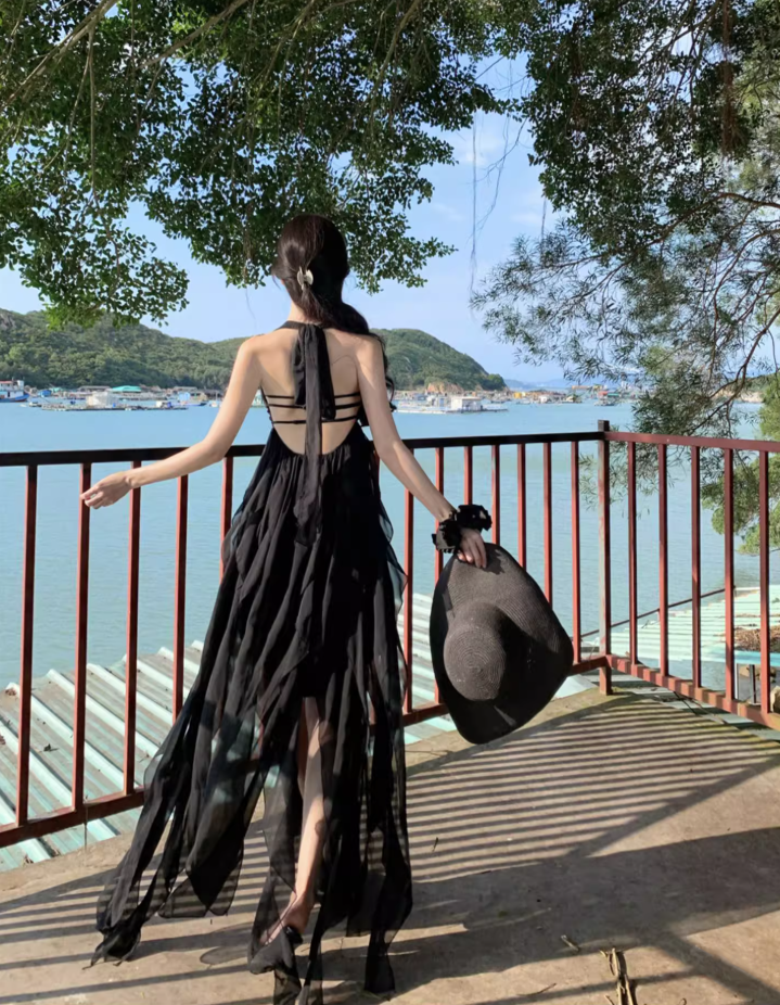 Black sexy tube top long skirt elegant and fairy irregular hem halter neck backless beach dress R1618