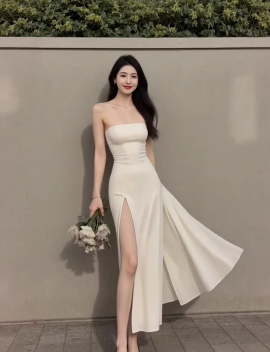 Large size French pure desire high-end tube top dress slit sexy dress long skirt R1858