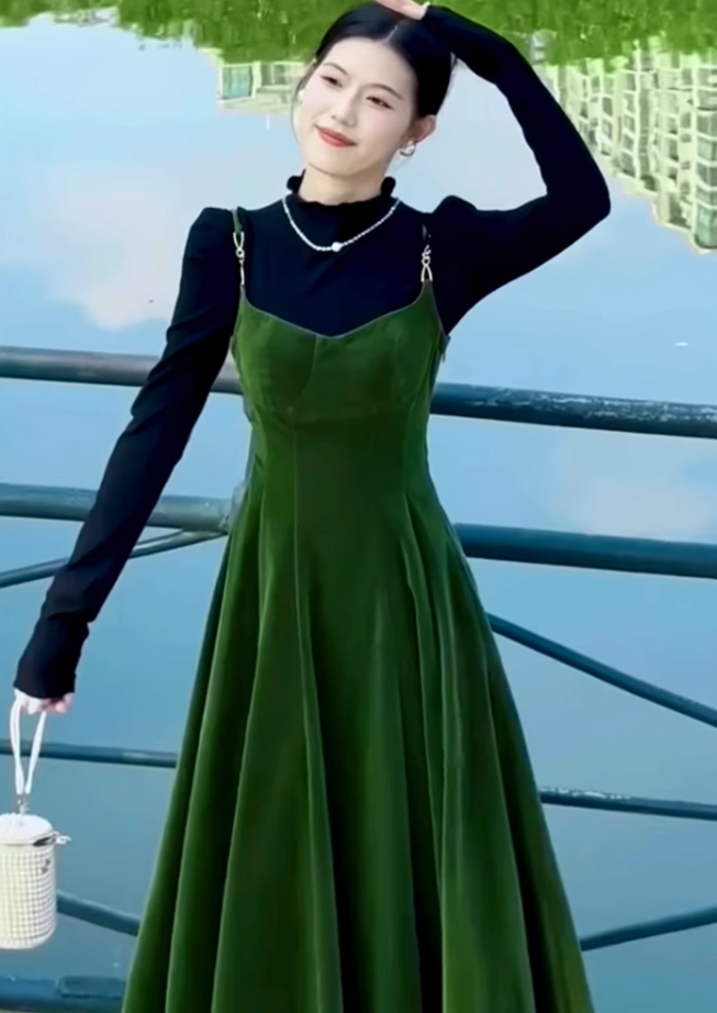 Fairy French retro velvet suspender skirt slim fit waist long skirt dress R1722