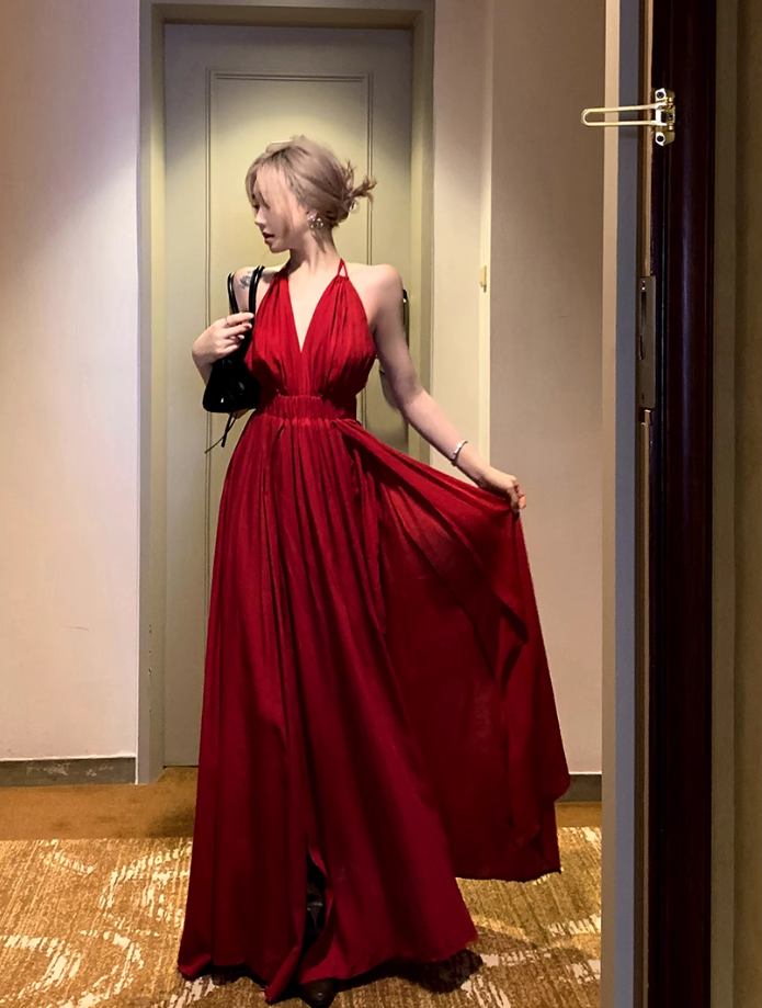 Fairy lace halter neck red dress holiday beach dress deep v backless slit long dress R1740