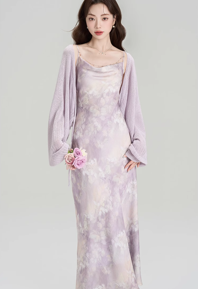 New summer French holiday style swing collar suspender dress plus cardigan shawl complete set R2404