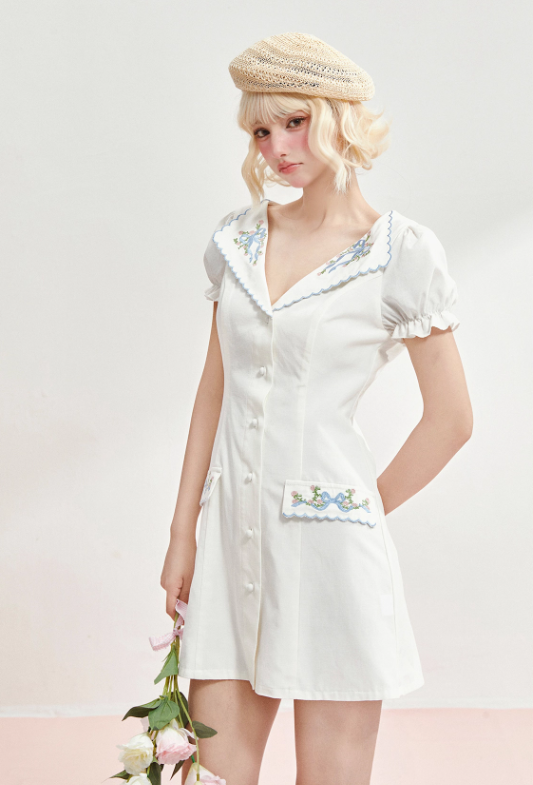 Short-sleeved summer dress V-neck Tencel cotton retro embroidery waist dress R5248
