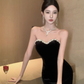 Sexy tube top dress with velvet beading, slim fit, waist-hugging black dress R1513