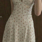White background with small red flower print waist slim A-line short skirt homecoming dress R3286