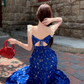 Lace stitching U-neck floral long dress French romantic holiday Klein blue suspender dress R1727