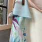 Fashion suit irregular pleats loose cover flesh thin sleeveless vest pleated printed skirt two-piece suit R1729