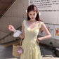 Yellow long v-neck waist hollow rose suspender dress summer French retro skirt R4872