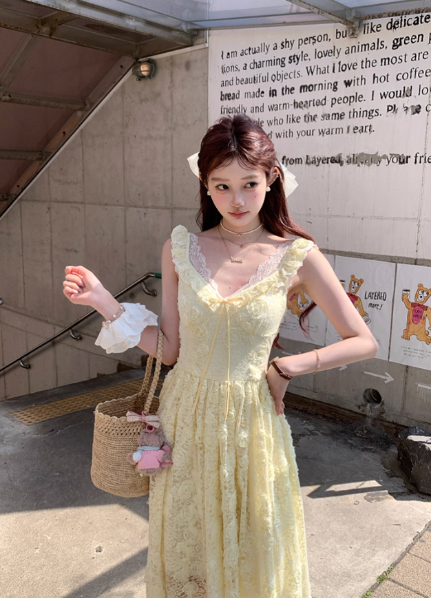 Yellow long v-neck waist hollow rose suspender dress summer French retro skirt R4872
